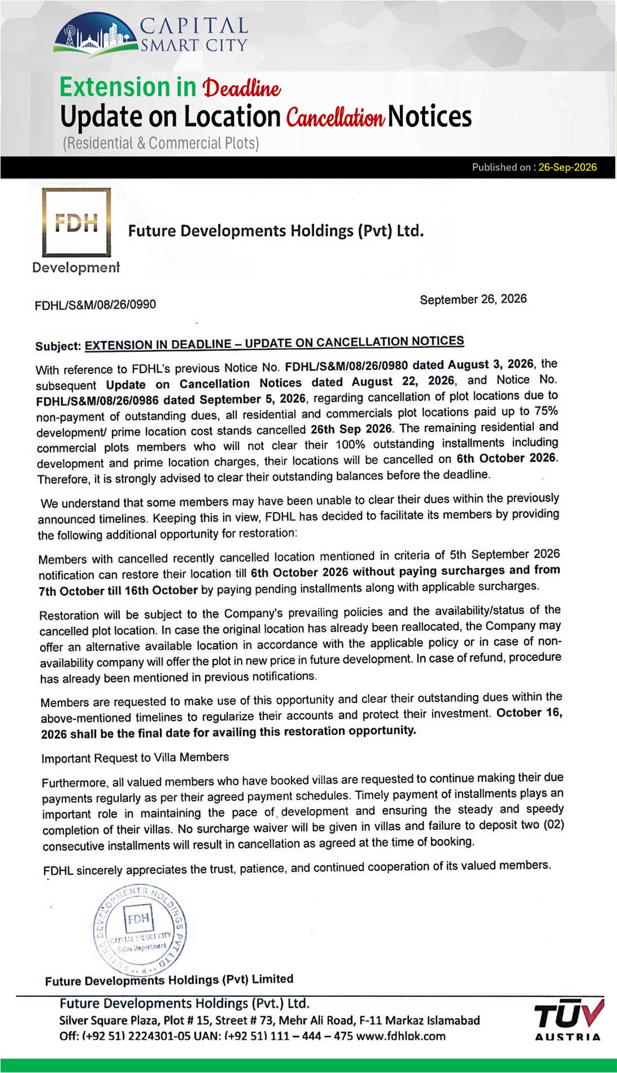 Extension in Deadline - Update on Cancellation Notices (Capital Smart City)