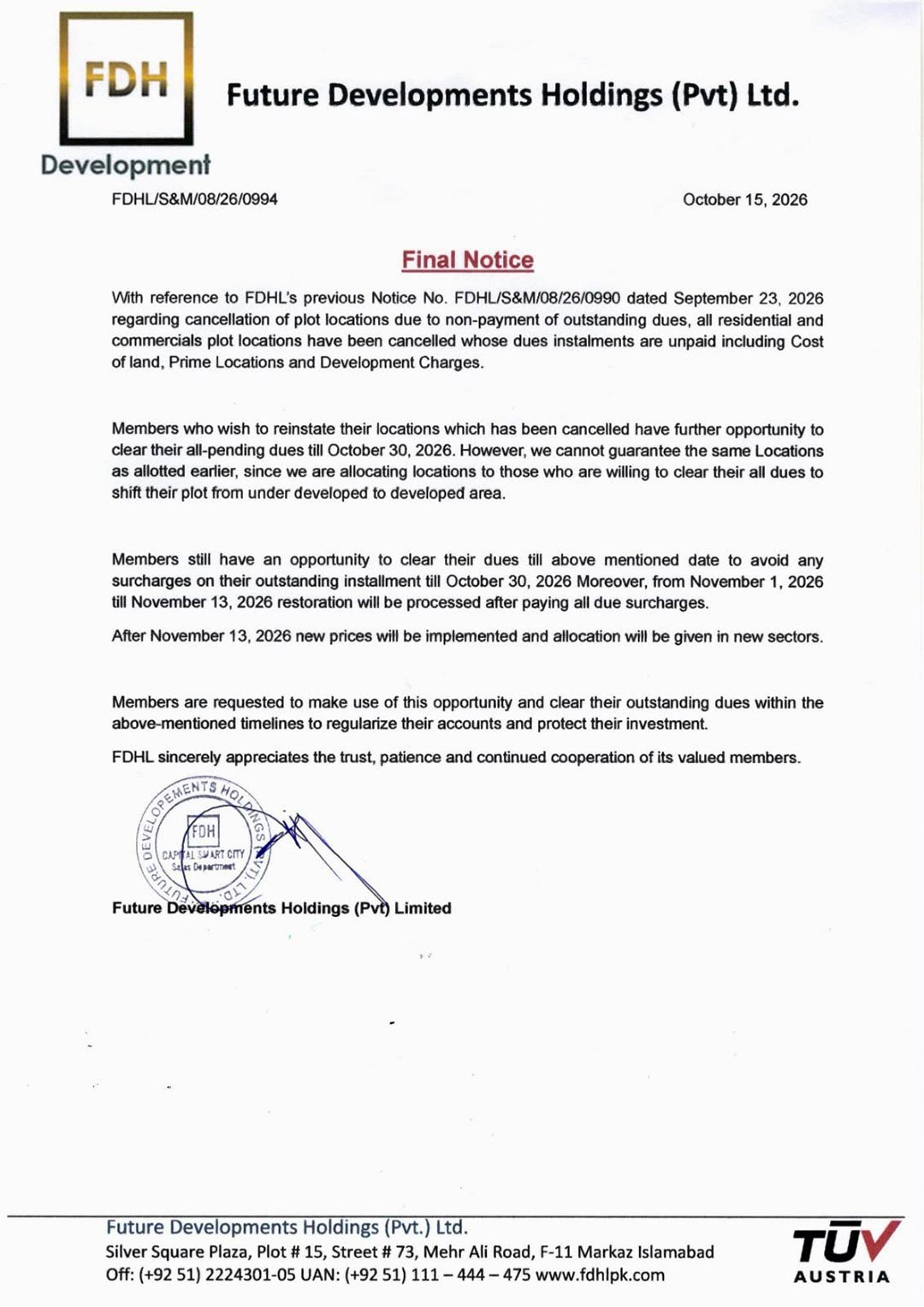 Final Notice - Location Cancellations (Capital Smart City)