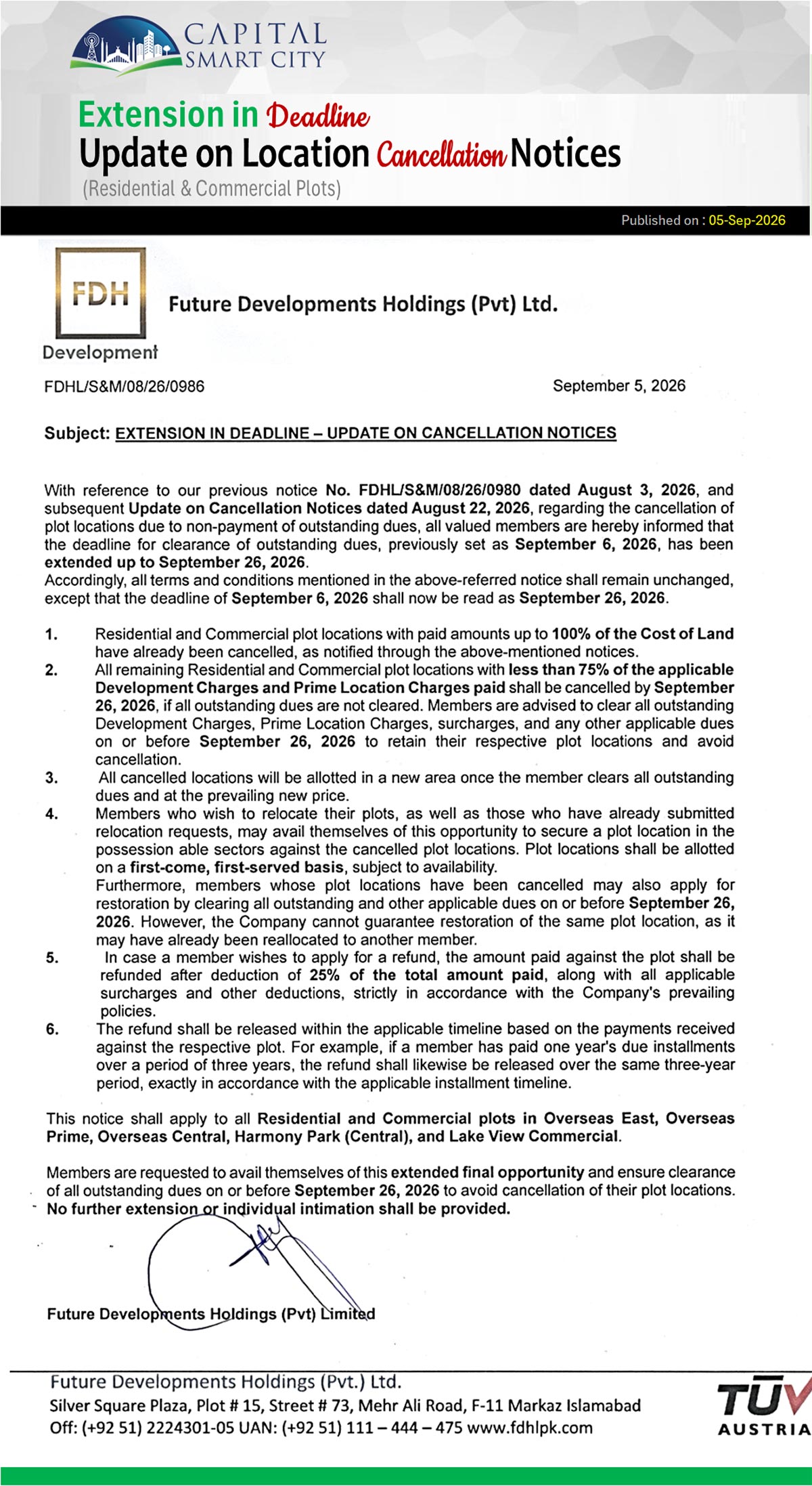 Extension in Deadline - Update on Cancellation Notices (Capital Smart City)